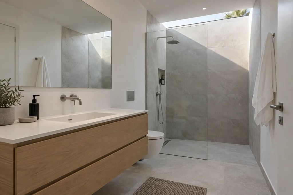 Recreación conceptual de un baño con lavabo suspendido de roble, piedra gris y ducha acristalada.