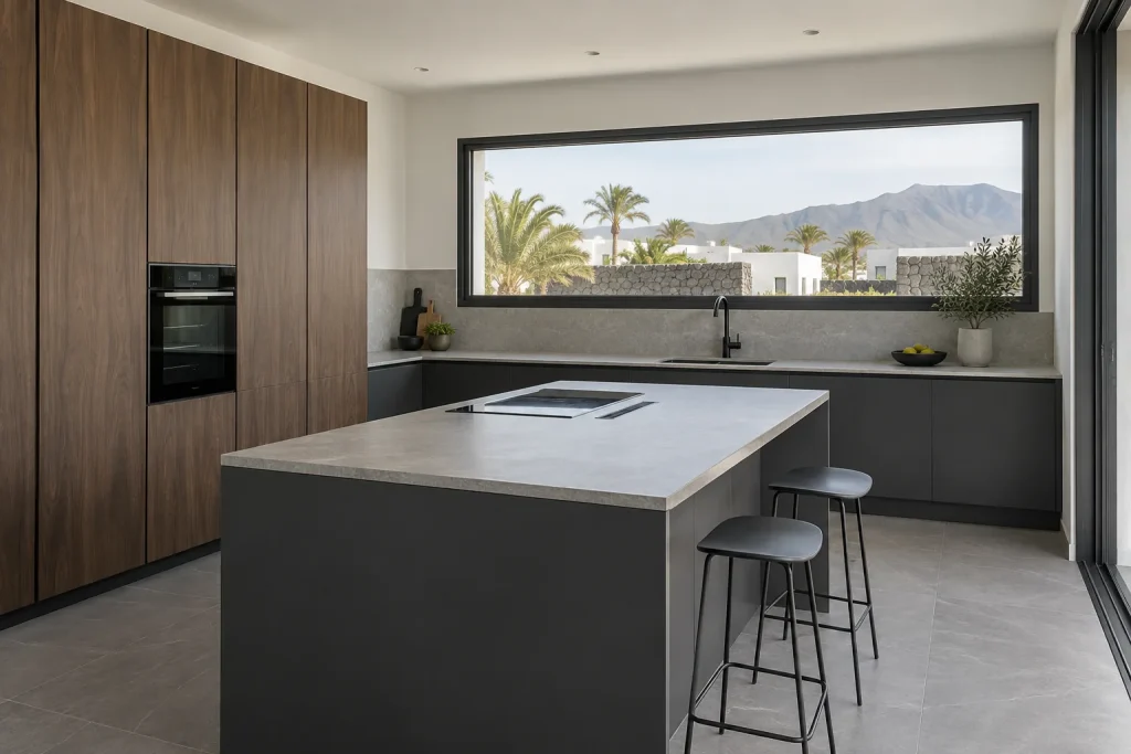 Recreación conceptual de una cocina con muebles de grafito, nogal y encimera de piedra gris.