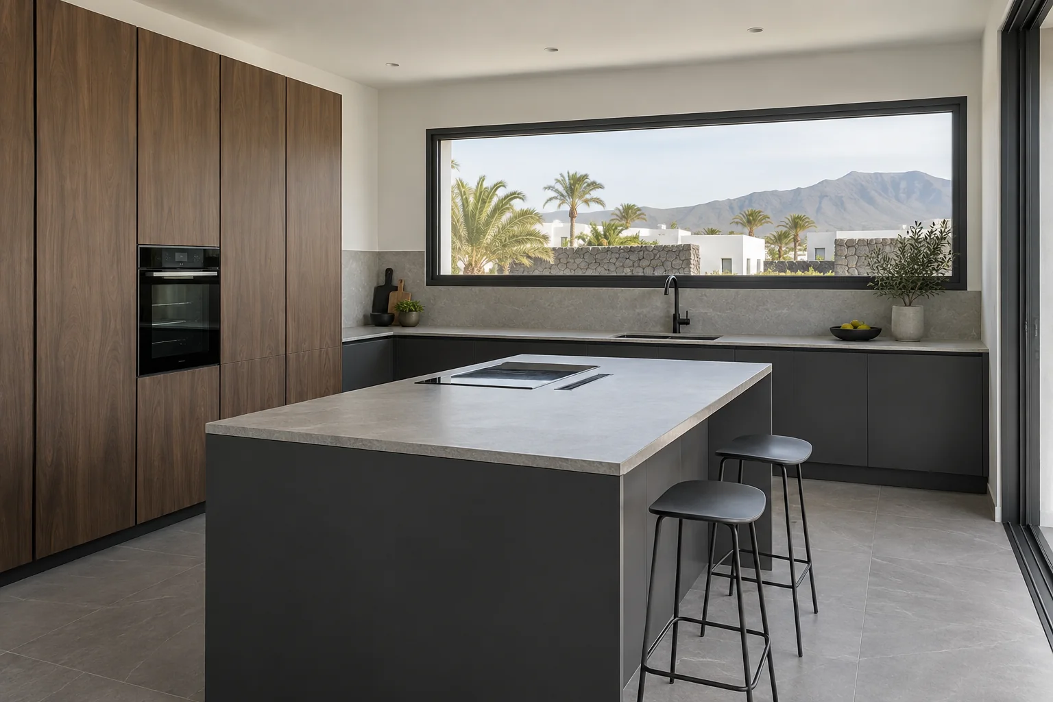 Recreación conceptual de una cocina con muebles de grafito, nogal y encimera de piedra gris.