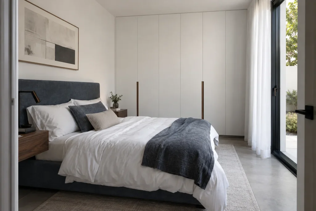 Recreación conceptual de un dormitorio con cabecero azul grisáceo y armarios de madera.