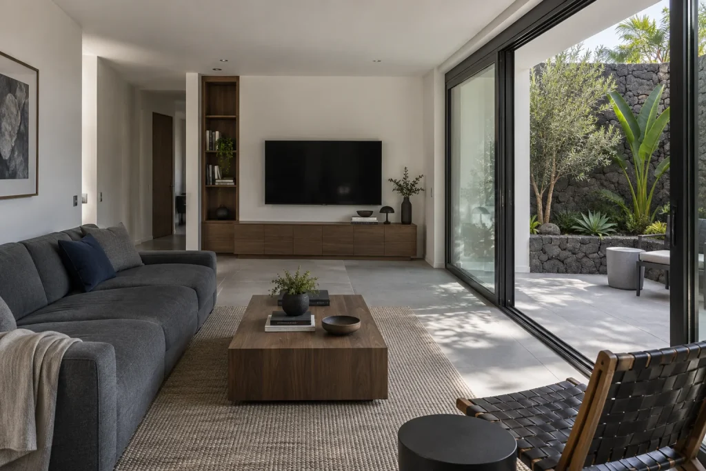 Recreación conceptual de un salón con carpintería oscura, sofá gris y patio ajardinado.