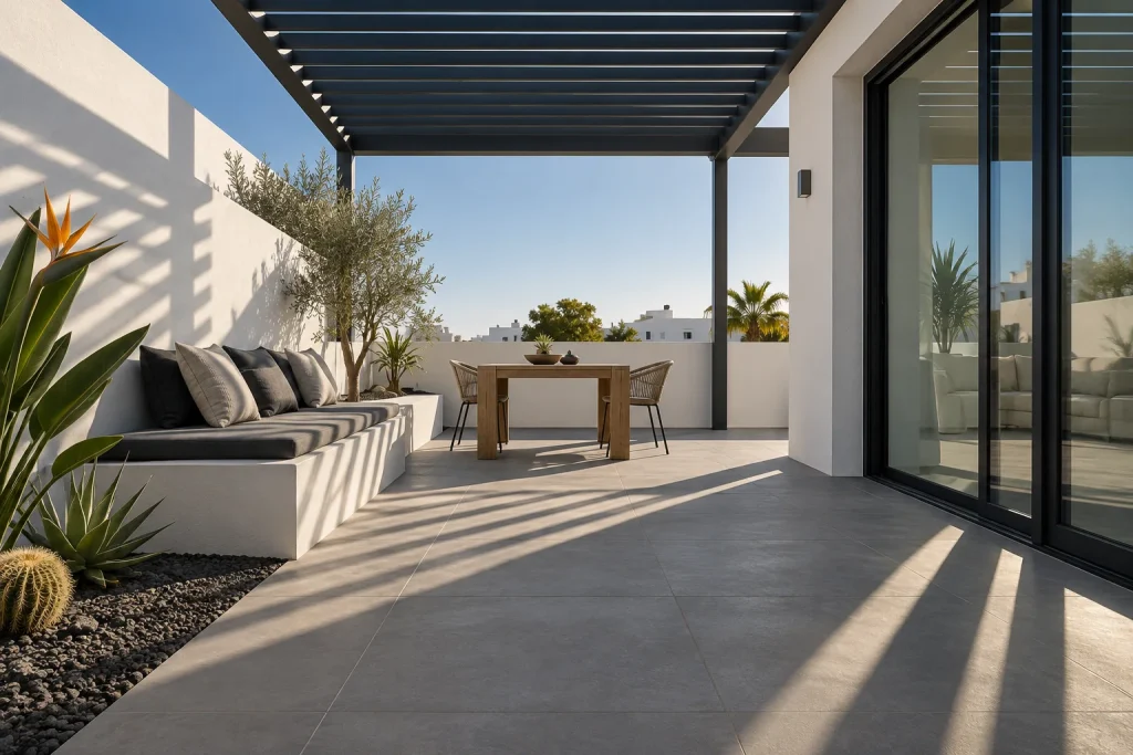 Recreación conceptual de una terraza con pérgola, pavimento gris y banco de obra.