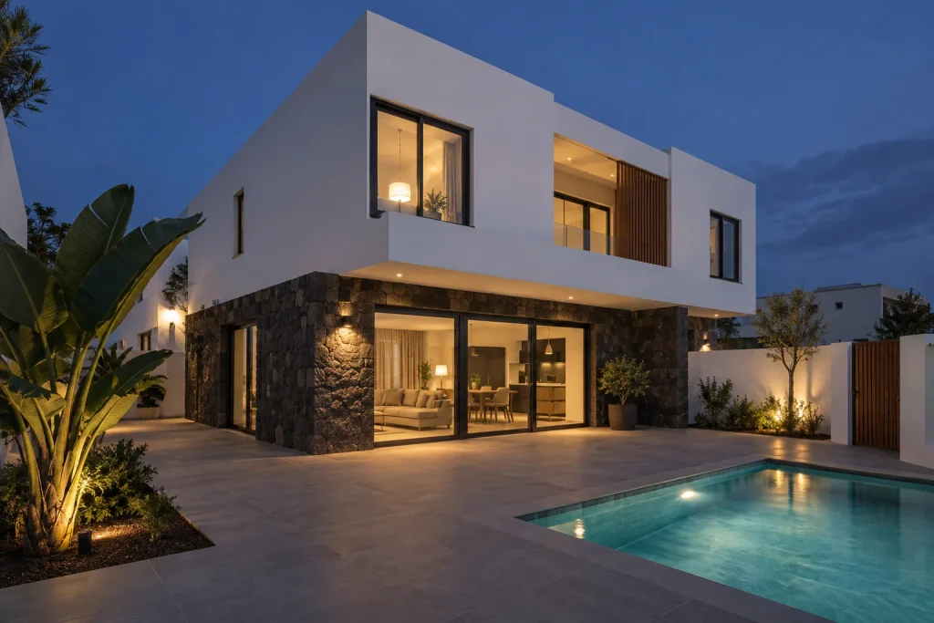 Recreación conceptual de una vivienda de volúmenes blancos y piedra oscura al atardecer.