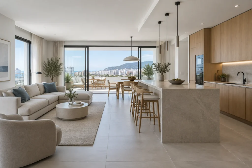 Recreación de un salón abierto a una cocina con isla de piedra y muebles de madera.